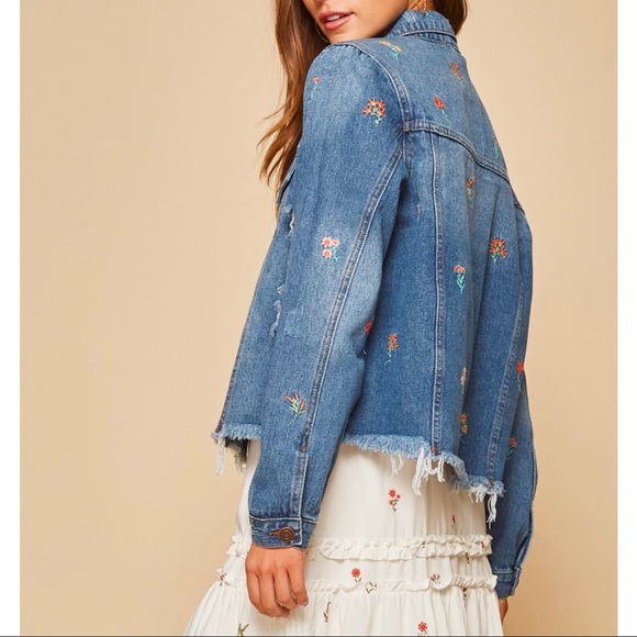 Distressed Denim Jacket Floral Embroidered Detail - Picture 6 of 16